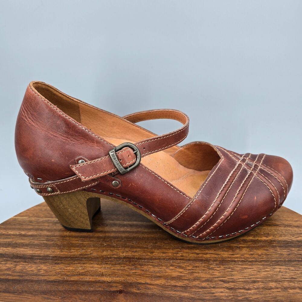 Dansko Reeny Mary Jane Clog Heels Womens 10.5 41 Chestnut Brown Leather Shoes